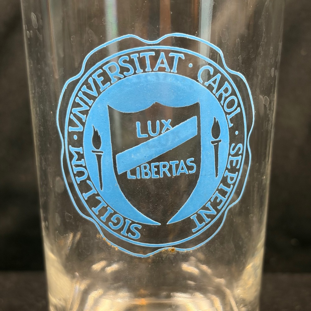 UNC Chapel Hill Glass University Seal Lux Libertas Gold Rim Carolina Blue Vtg